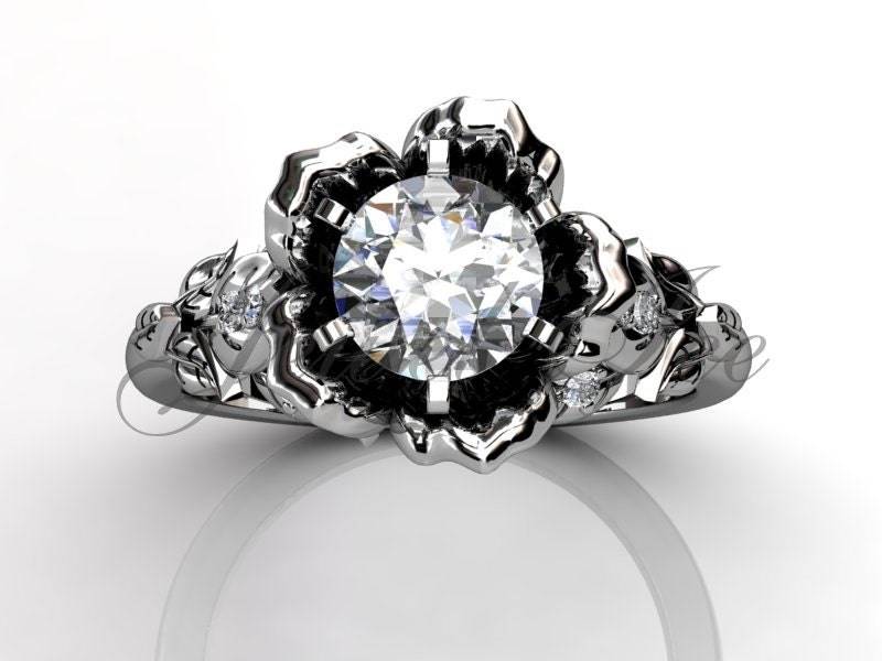 Moissanit Verlobungsring - 14K Weißgold Forever One Diamant Ungewöhnlicher Einzigartiger Blumen Ehering Ermz-1033-1 von Jewelice