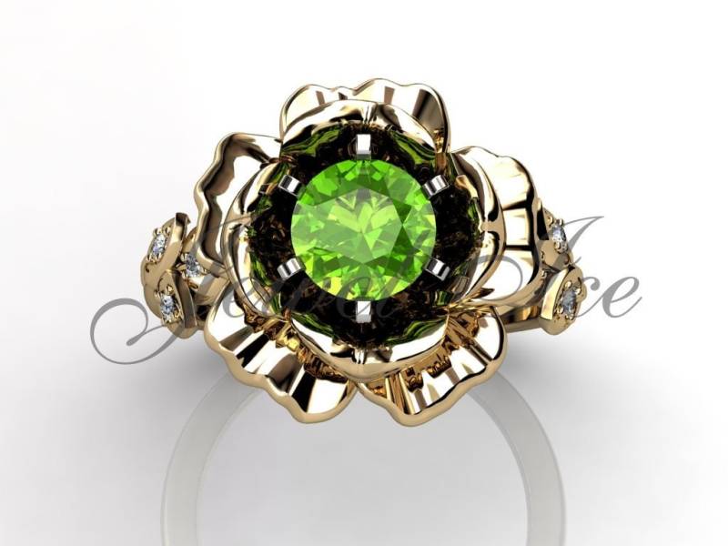 Peridot & Echter Diamanten Verlobungsring, 14K Gelbgold Blatt Und Blume August Birthstone Ring Br-1032-2 von Jewelice