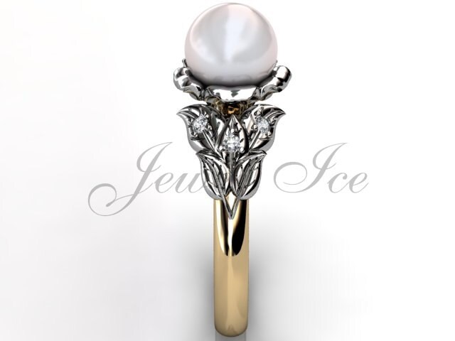 Perlen Verlobungsring - 14K Gelb Und Weiß Gold Verlobungsring, Perle Vintage Beste Freundin Geschenk Er-1067-7 von Jewelice