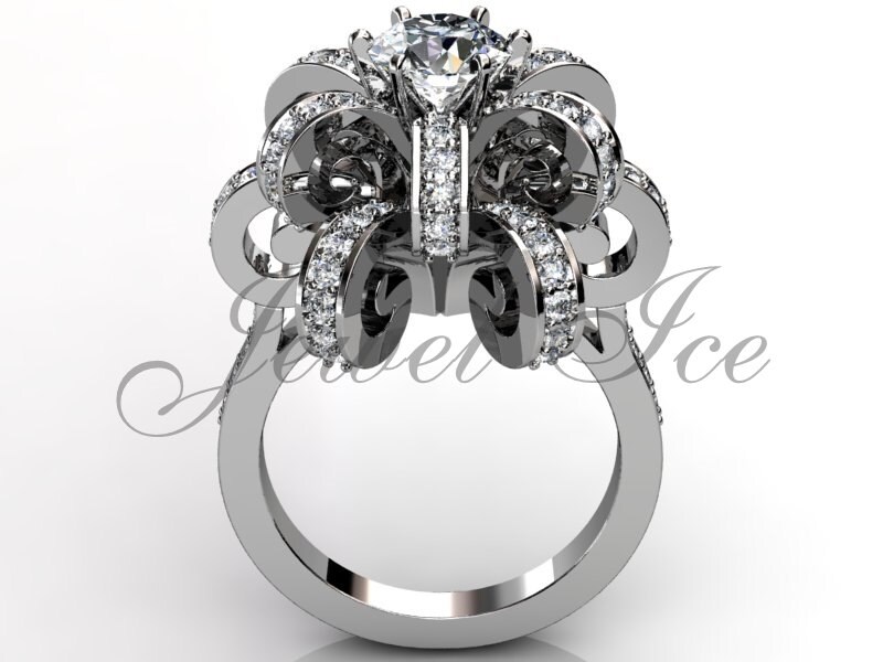 Platin Diamant Einzigartiger Blumen Verlobungsring, Brautring, Ehering, Versprechensring, Jubiläumsring, Art Deco Blumenring Er-1030 von Jewelice