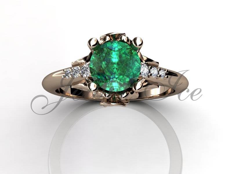 Smaragd & Echter Diamant Verlobungsring, 14K Roségold Blüten Mai Geburtsstein Ring, Geblümte Mutter Ring Br-1038-3E von Jewelice