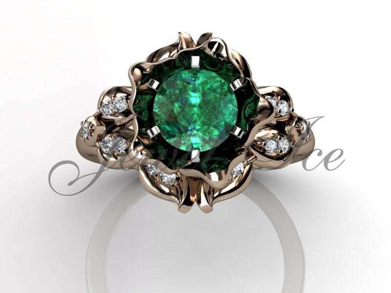 Smaragd & Echter Diamant Verlobungsring, 14K Roségold Blüten Mai Geburtsstein Ring, Mutter Ring Br-1058-3E von Jewelice