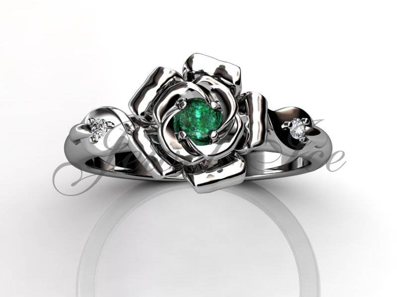 Smaragd & Echter Diamant Verlobungsring, 14K Weißgold Blüten Mai Geburtsstein Ring, Mutter Ring Br-1115-1E von Jewelice