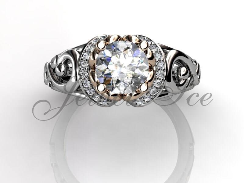 Verlobungsring - 14 K Weiß Und Rose Gold Diamond Einzigartige Art-Deco-Filigrane Scroll Ehering Jubiläum Ring Er-1124-5 von Jewelice