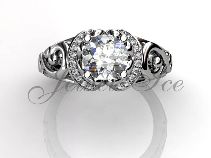 Verlobungsring - 14 K White Gold Diamond Einzigartige Art-Deco-Filigrane Scroll Ehering Jubiläum Ring Er-1124-1 von Jewelice