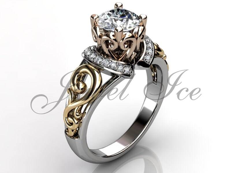 Verlobungsring - 14K Weiß Gelb Und Rotgold Diamant Art Deco Filigrane Scroll Ehering Jubiläum Ring Er-1124-8 von Jewelice