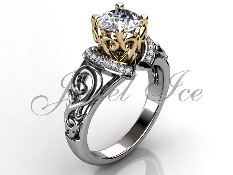 Verlobungsring - 14K Weiß Und Gelb Gold Diamant Art Deco Filigrane Scroll Ehering Jubiläum Ring Er-1124-4 von Jewelice