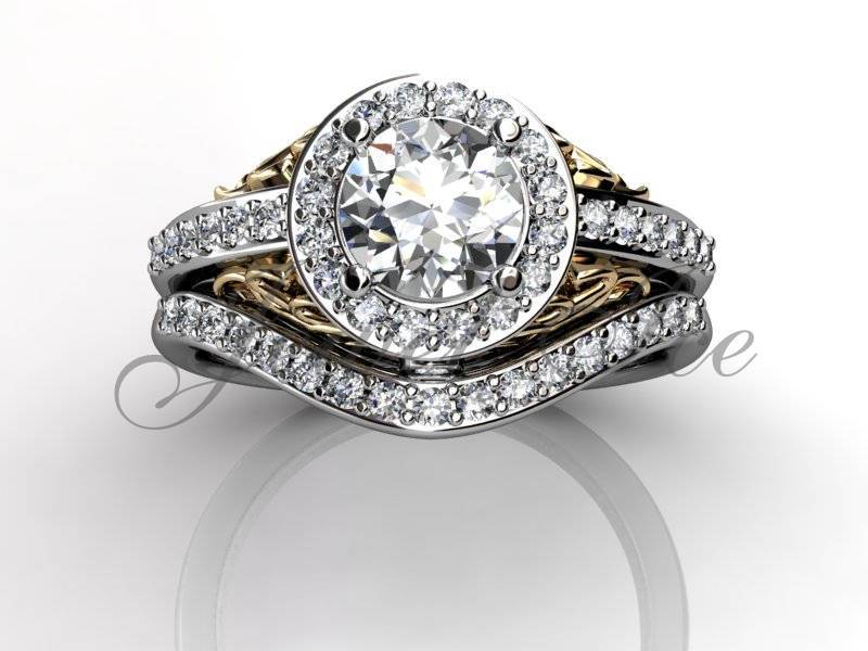 Verlobungsring - 14K Weiß Und Gelb Gold Diamant Einzigartige Art-Deco Filigrane Ehering Set, Braut Er-1143-4 von Jewelice