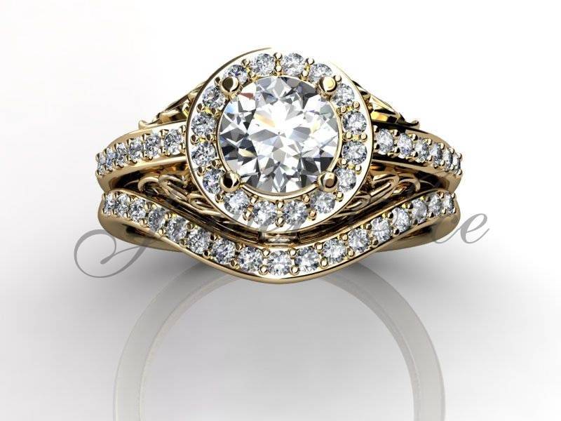 Verlobungsring Set - 14 K Gelbgold Diamant Einzigartige Art-Deco Filigranen Blättern Hochzeit Band Set, Zweig Ehering E.r-1143-2 von Jewelice