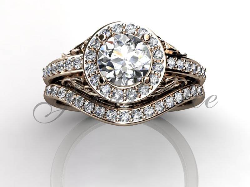 Verlobungsring Set - 14 K Rose Gold Diamant Einzigartige Art-Deco Filigranen Blättern Hochzeit Band Set, Zweig Ehering E.r-1143-3 von Jewelice