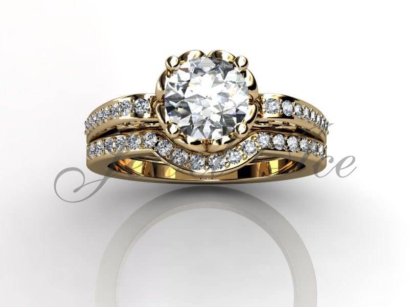 Verlobungsring Set - 14K Gelb Gold Diamant Einzigartige Art-Deco-Filigrane Scroll Eheringe Braut Er-1094-2 von Jewelice