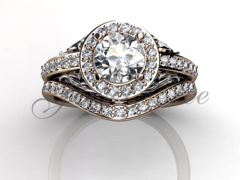 Verlobungsring Set - 14K Rose Ein Weißgold Diamant Einzigartige Art-Deco Filigrane Scroll Ehering Set, Braut Er-1143-6 von Jewelice