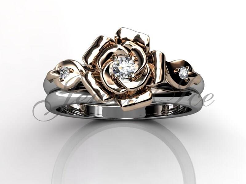 Verlobungsring Set - 14K Rose Gold Einzigartige Blume Eheringe Ehering Bridal Er-1127-3 von Jewelice