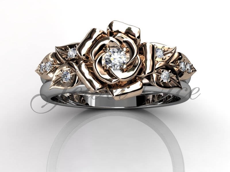 Verlobungsring Set - 14K Weiß Und Roségold Diamant Unikat Blatt Rebe Blume Ehering Set, Braut Er-1140-5 Verlobungsring Set - 14K Weiß Und Roségold Diamant Unikat Blatt Rebe Blume Ehering Set, Braut Er-1140-5 von Jewelice