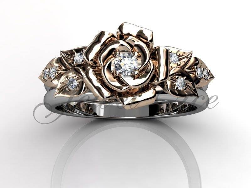 Verlobungsring Set - 14K Weiß Und Roségold Diamant Unikat Blatt Rebe Blume Ehering Set, Braut Er-1140-5 Verlobungsring Set - 14K Weiß Und Roségold Diamant Unikat Blatt Rebe Blume Ehering Set, Braut Er-1140-5 von Jewelice