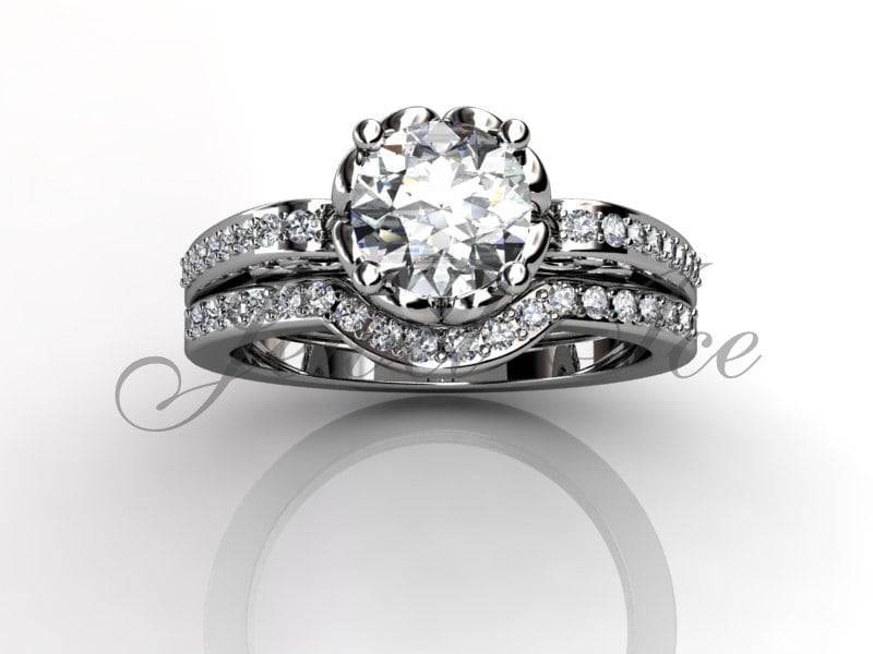 Verlobungsring Set - 14K Weißgold Diamant Einzigartige Art-Deco-Filigrane Scroll Eheringe Braut Er-1094-1 von Jewelice