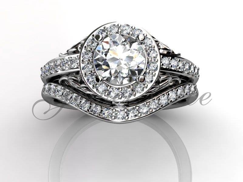 Verlobungsring Set - Platin Diamant Einzigartige Art-Deco Filigranen Blättern Hochzeit Band Set, Scroll Ehering E.r-1143 von Jewelice