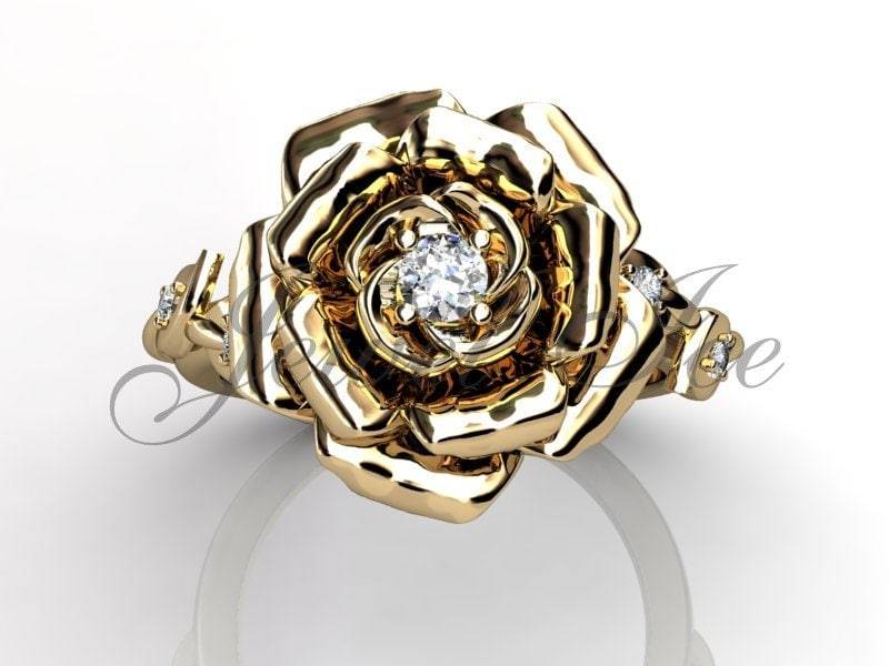 Verzauberte Rose Verlobungsring - 14 K Gelbgold Diamant Einzigartige Blume Verlobungsring, Floral Ehering, Jahrestag Ring E.r-1148-2 von Jewelice