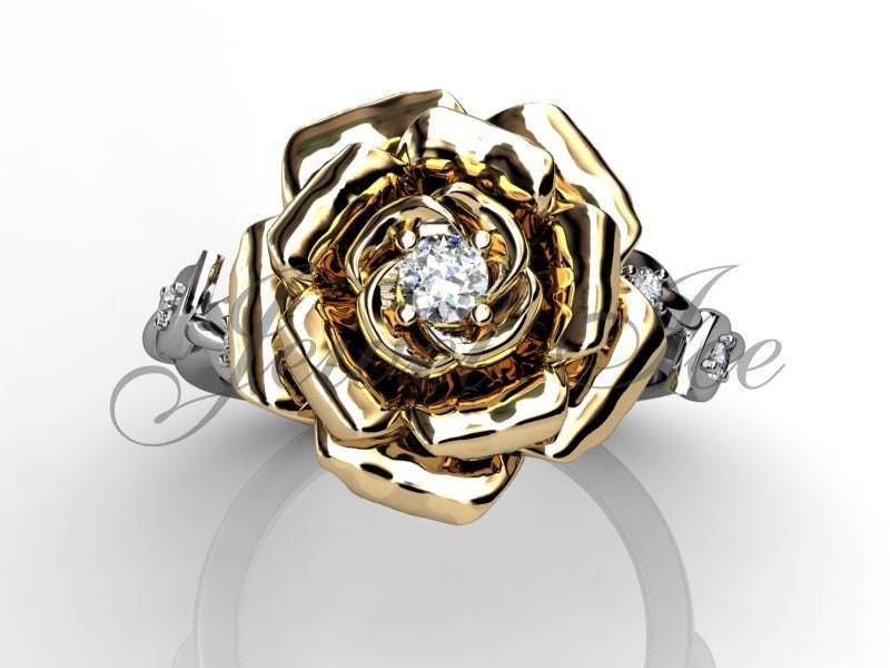 Verzauberte Rose Verlobungsring - 14K Weiß Und Gelb Gold Diamant Blume Verlobungsring, Ehering, Jahrestag Ring E.r-1148-4 von Jewelice