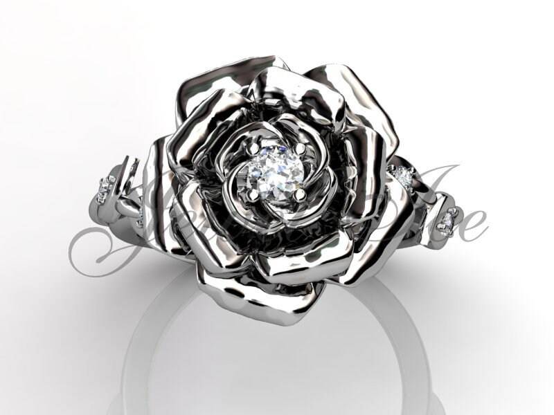 Verzauberte Rose Verlobungsring - Platin Diamant Einzigartige Blume Verlobungsring, Blatt Und Ehering, Jahrestag Ring E.r-1148 von Jewelice