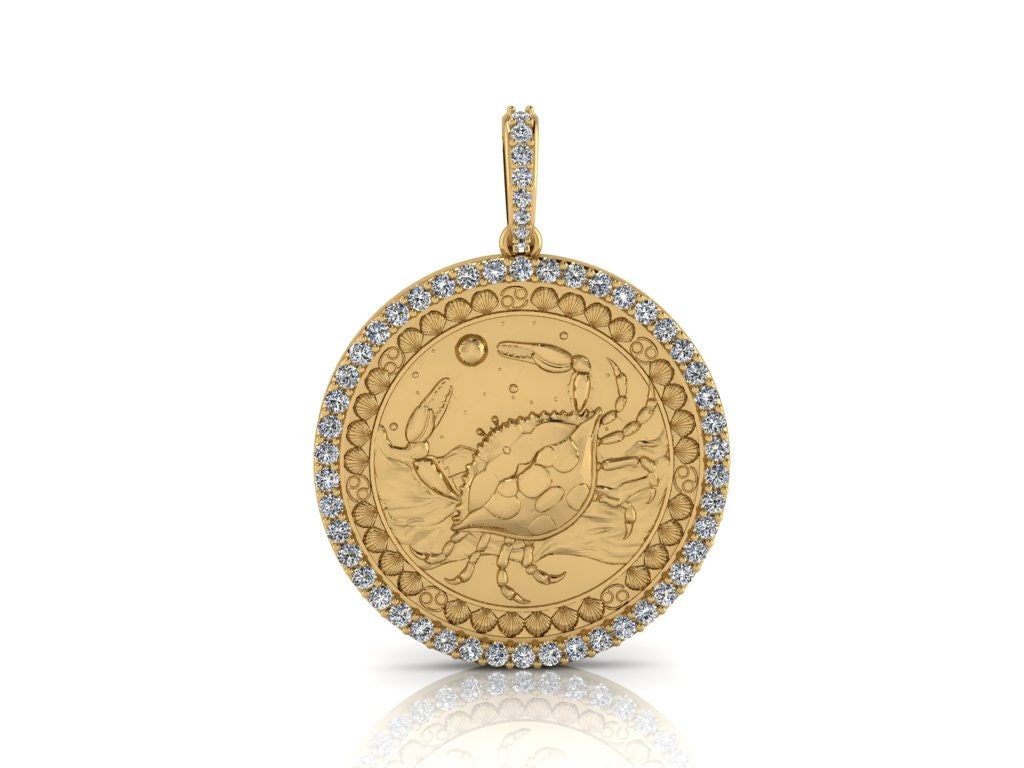 Krebs Sternzeichen Münze Halskette/ Horoskop Medaillon/Einzigartige Runde Anhänger Mit Natürlichen Diamanten 14K Massivgold, Ohne Kette Verkauft von JeweliciousUS