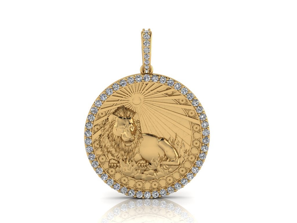 Leo Sternzeichen Münze Halskette/ Löwe Horoskop Medaillon/Einzigartiger Runder Anhänger Mit Natürlichen Diamanten 14K Massivgold, Ohne Kette Verkauft von JeweliciousUS