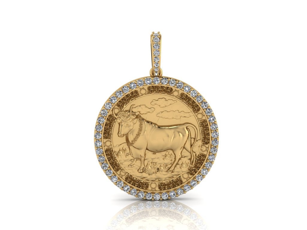 Stier Sternzeichen Münze Halskette/ Horoskop Medaillon/Unikat Rund Anhänger Mit Natürlichen Diamanten 14K Massivgold, Ohne Kette Verkauft von JeweliciousUS