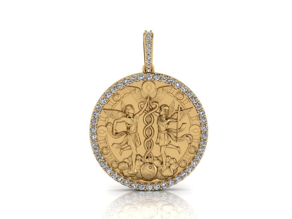 Zwillinge Sternzeichen Münze Halskette/ Zwilling Horoskop Medaillon/Unikat Rund Anhänger Mit Natürlichen Diamanten 14K Massivgold, Ohne Kette von JeweliciousUS