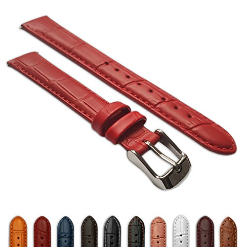 10 mm Uhrenarmband für Damen, echtes Leder, Krokodilleder-Optik, gepolstert, SS-Schnalle, Rot/Rot von Jewellers Tools