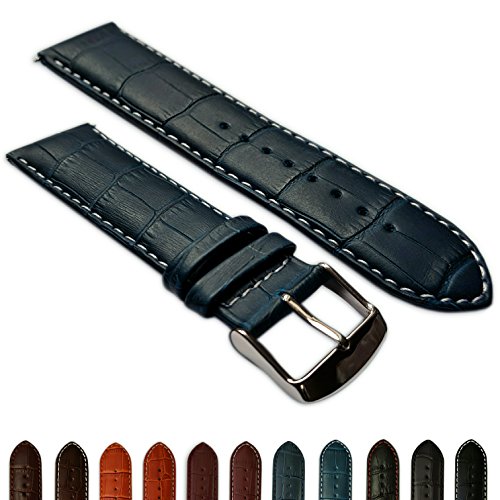 Uhrenarmband für Herren, 16 mm, echtes Leder, Krokodilleder-Optik, gepolstert, Edelstahl-Schnalle, Blau/Weiß von Jewellers Tools