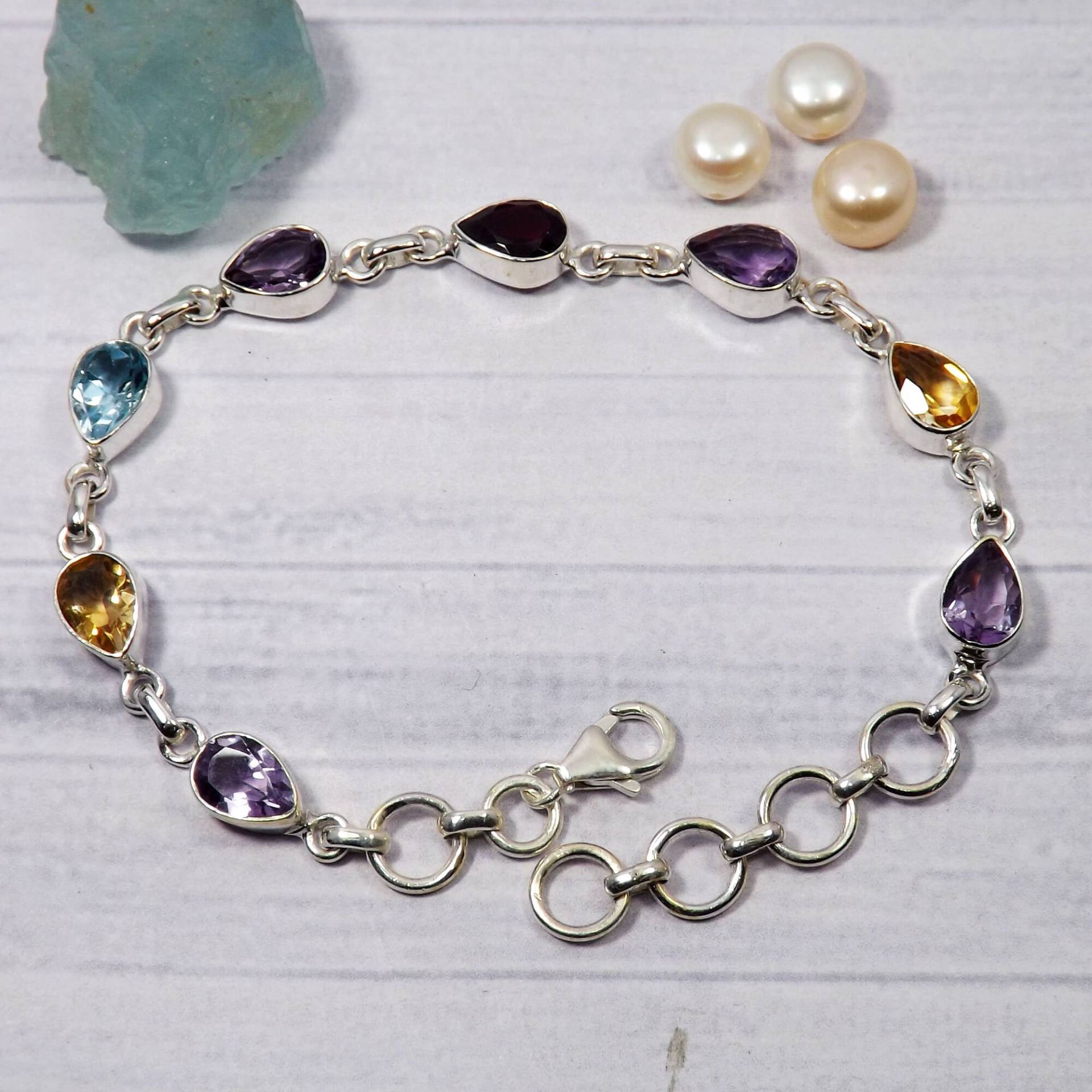 Birnen Amethyst Blautopas Granat Rauchquarz, Multi Color Armband, Massives 925 Silber Armbänder, Geschenk Für Sie, M31429 von Jewellery4All