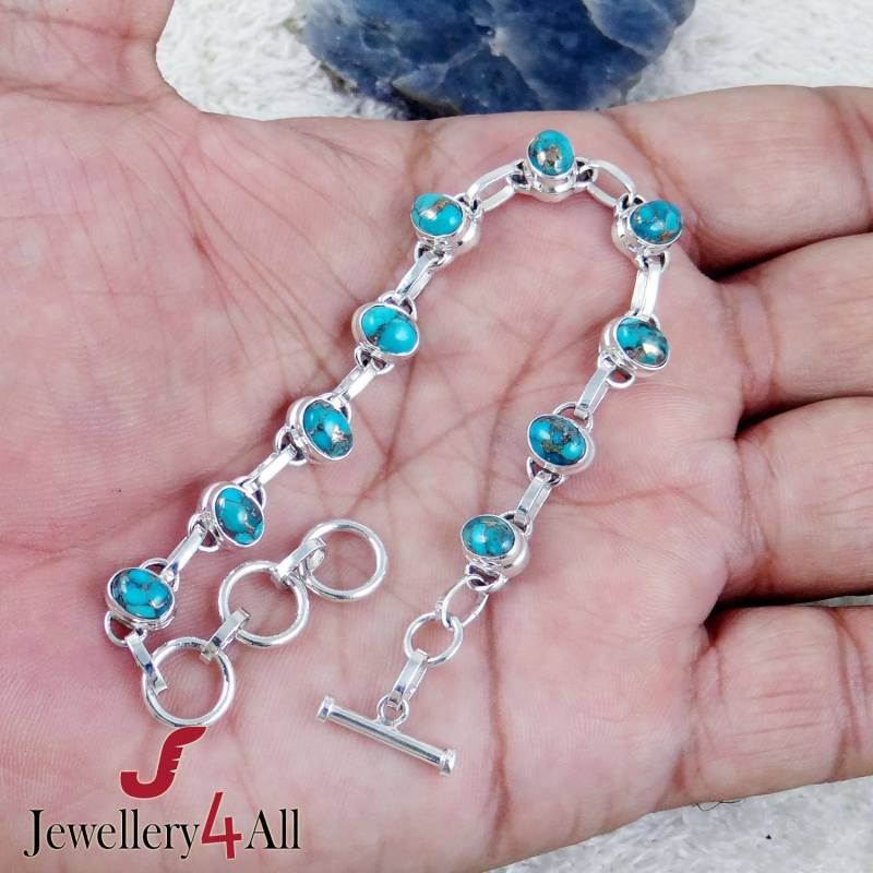 Blau Türkis Kupfer Sterling Silber Knebel Armband Verstellbare Handgemachter Schmuck von Jewellery4All