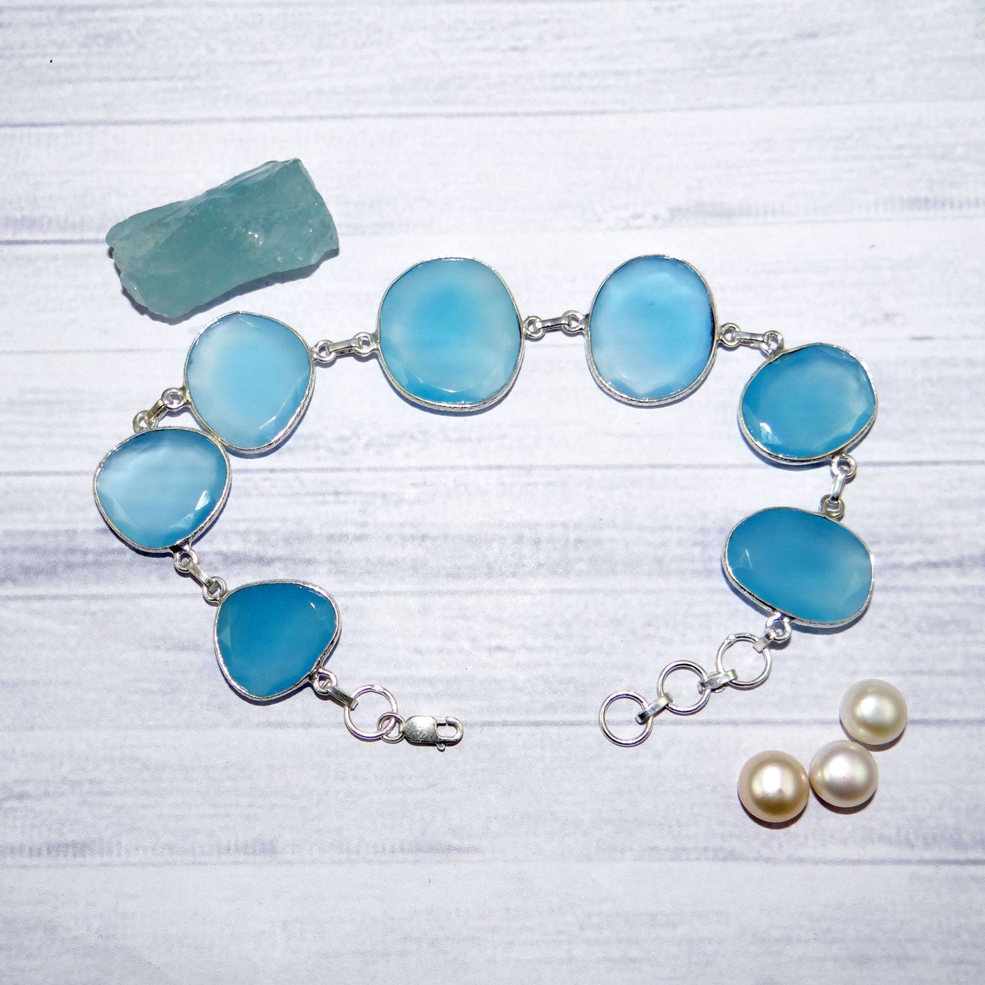 Blaues Chalcedon Armband, Massives 925 Sterling Silber Schmuck, Karabiner Für Sie, Lünette L113022 von Jewellery4All