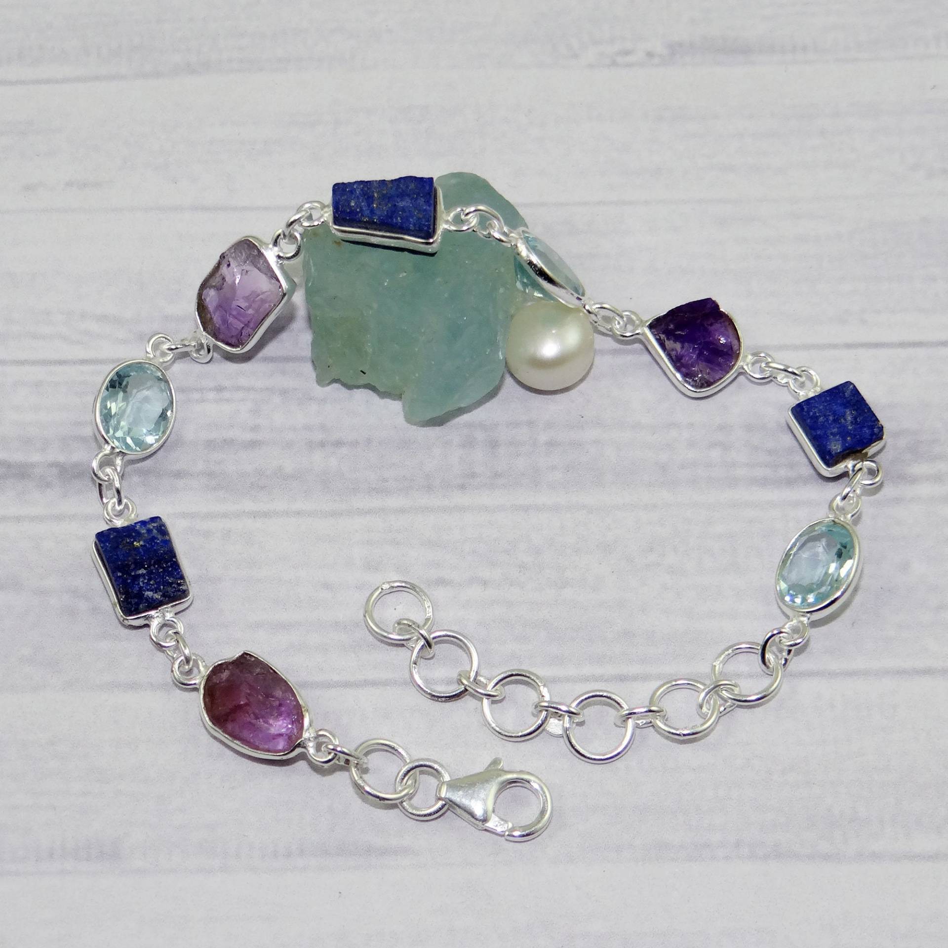 Blautopas Armband, Rohes Amethyst Lapislazuli Massives 925 Sterling Silber Lünette, Handgemachtes Armband K8 von Jewellery4All