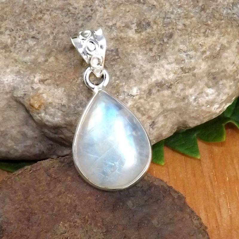 Regenbogen Mondstein Anhänger, 925 Sterling Silber, Tropfen Halskette von Jewellery4All