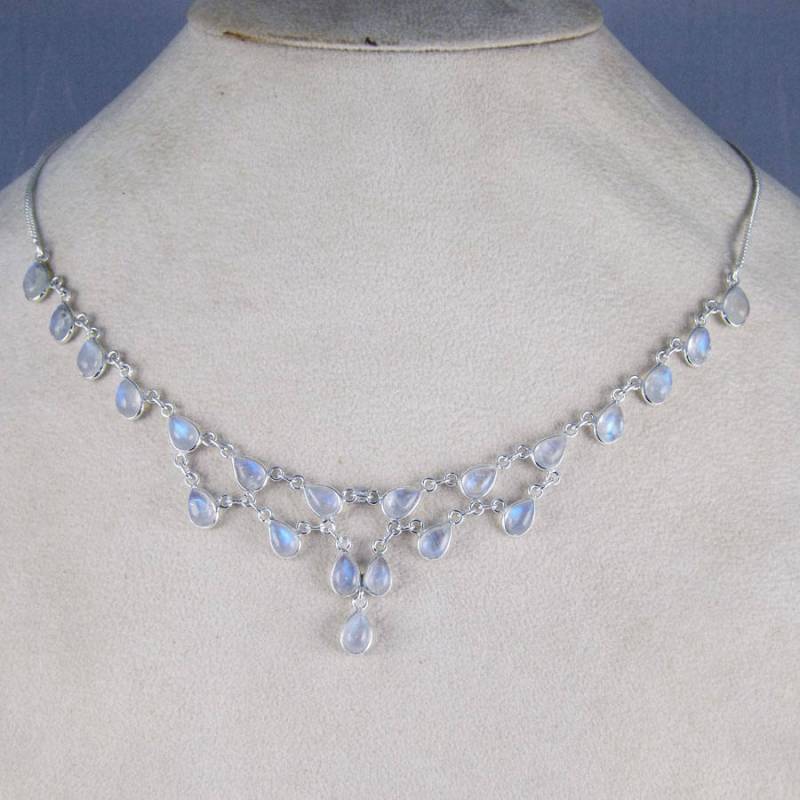 Natürliche Feurige Regenbogen Mondstein 925 Sterling Silber Lünette Set Handgemachte Hochzeit Halskette, J92208 von Jewellery4All