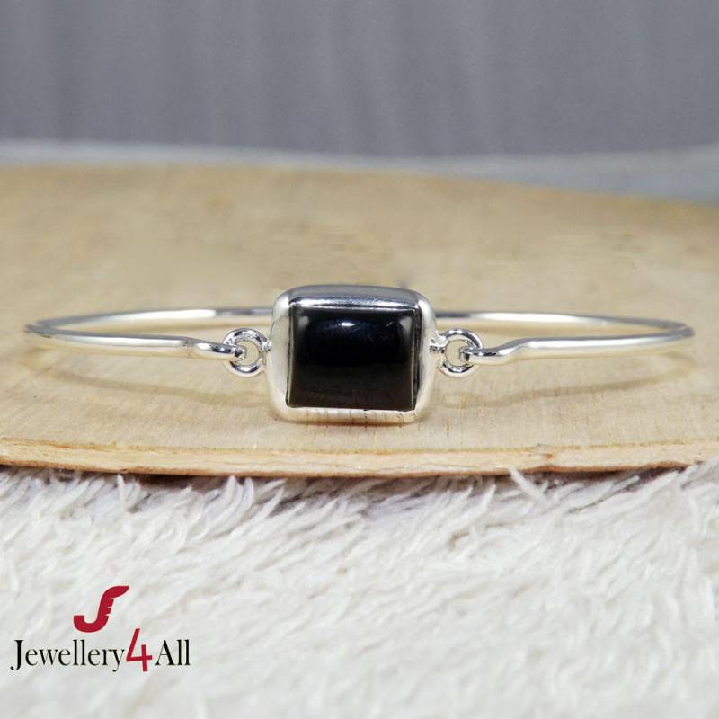 Schwarzer Onyx Cabochon Armreif, 925 Sterling Silber, Unisex von Jewellery4All