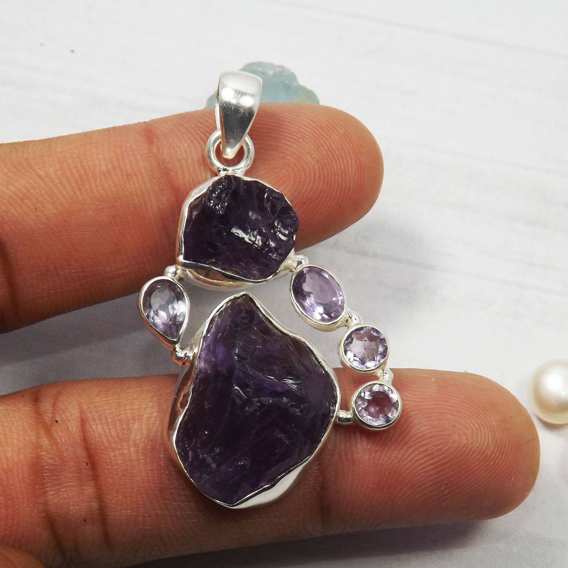 Facettierter Amethyst Anhänger, Roher 925 Massiver Silber Echter Schmuck, Anhänger Halskette, M30914 von Jewellery4All