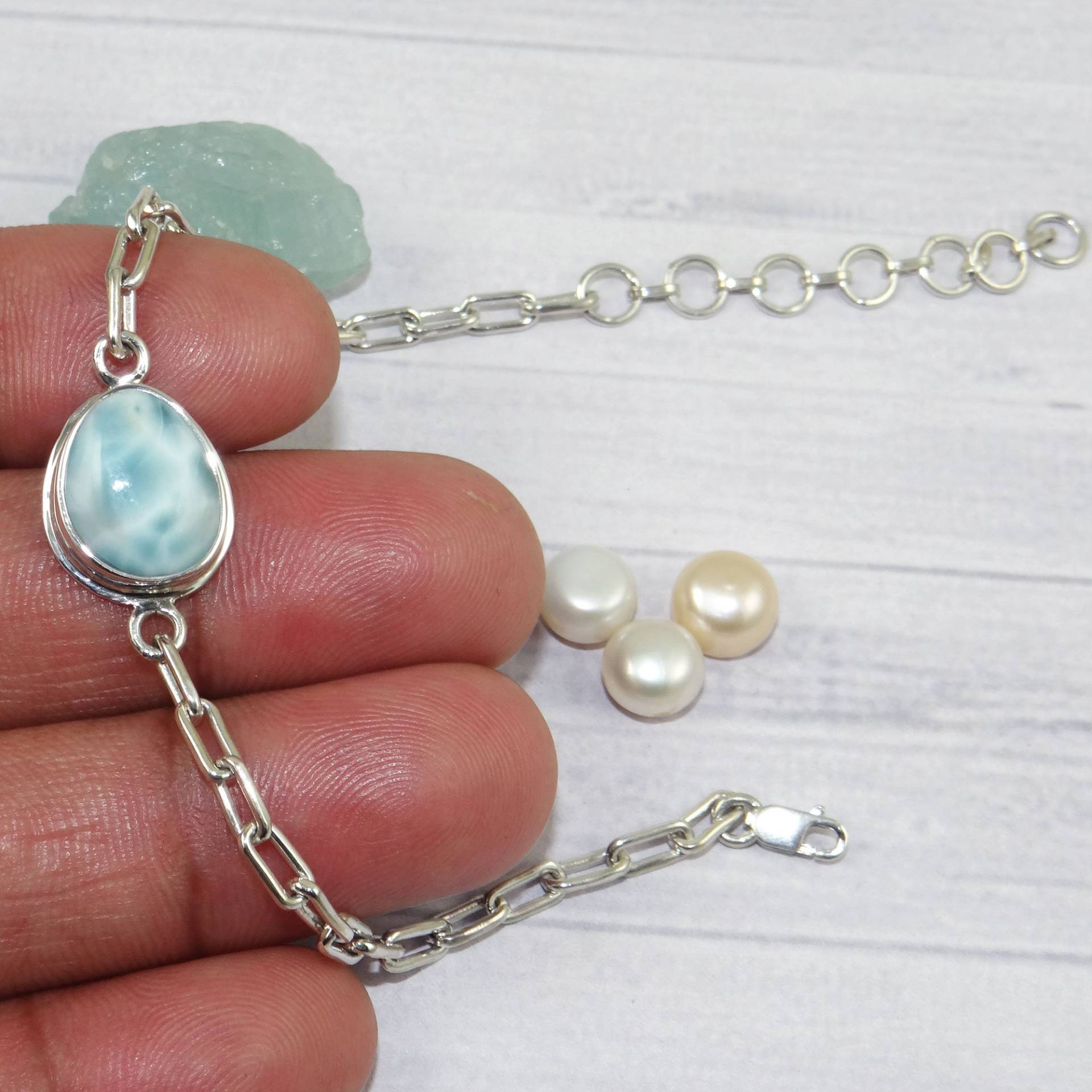 Natürliches Larimar Armband, Ocean Blue Massives 925 Sterling Silber Karabinerkralle, Verstellbares Für Sie, M20717 von Jewellery4All