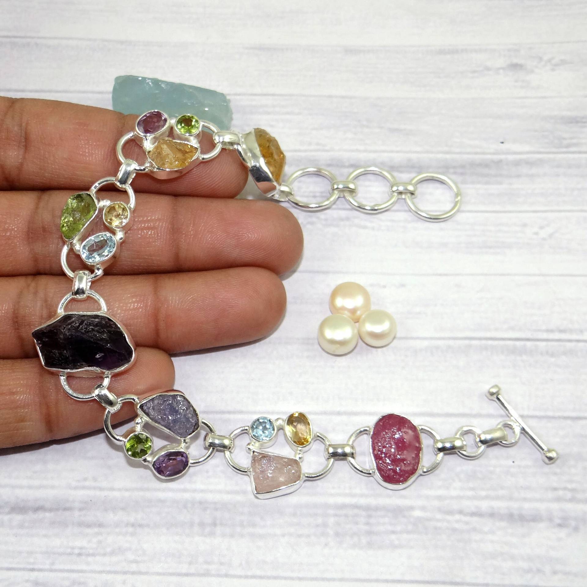 Natürliches Multi Roh Edelstein Armband, Massives 925 Sterling Silber Farbe Volles Toggle Verstellbares L113006 Natürliches Multi Roh Edelstein Armband, Massives 925 Sterling Silber Farbe Volles Toggle Verstellbares L113006 von Jewellery4All