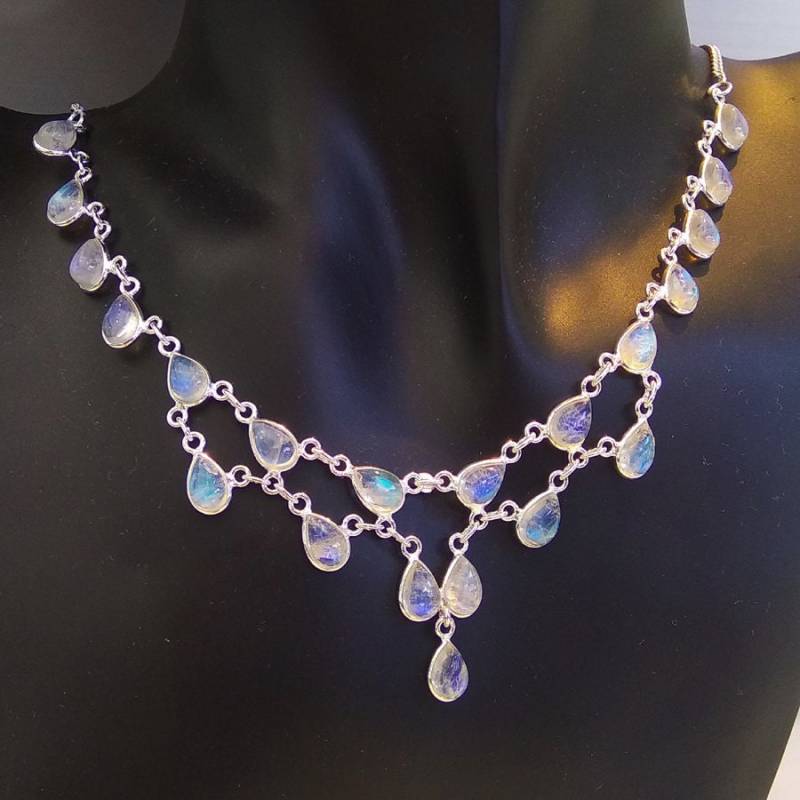 Regenbogen Mondstein Halskette Sterling Silber Blue Fire Edelstein Kette von Jewellery4All