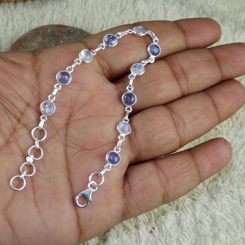 Regenbogen Mondstein Tansanit Armband, 925 Sterling Silber Bezel Set von Jewellery4All
