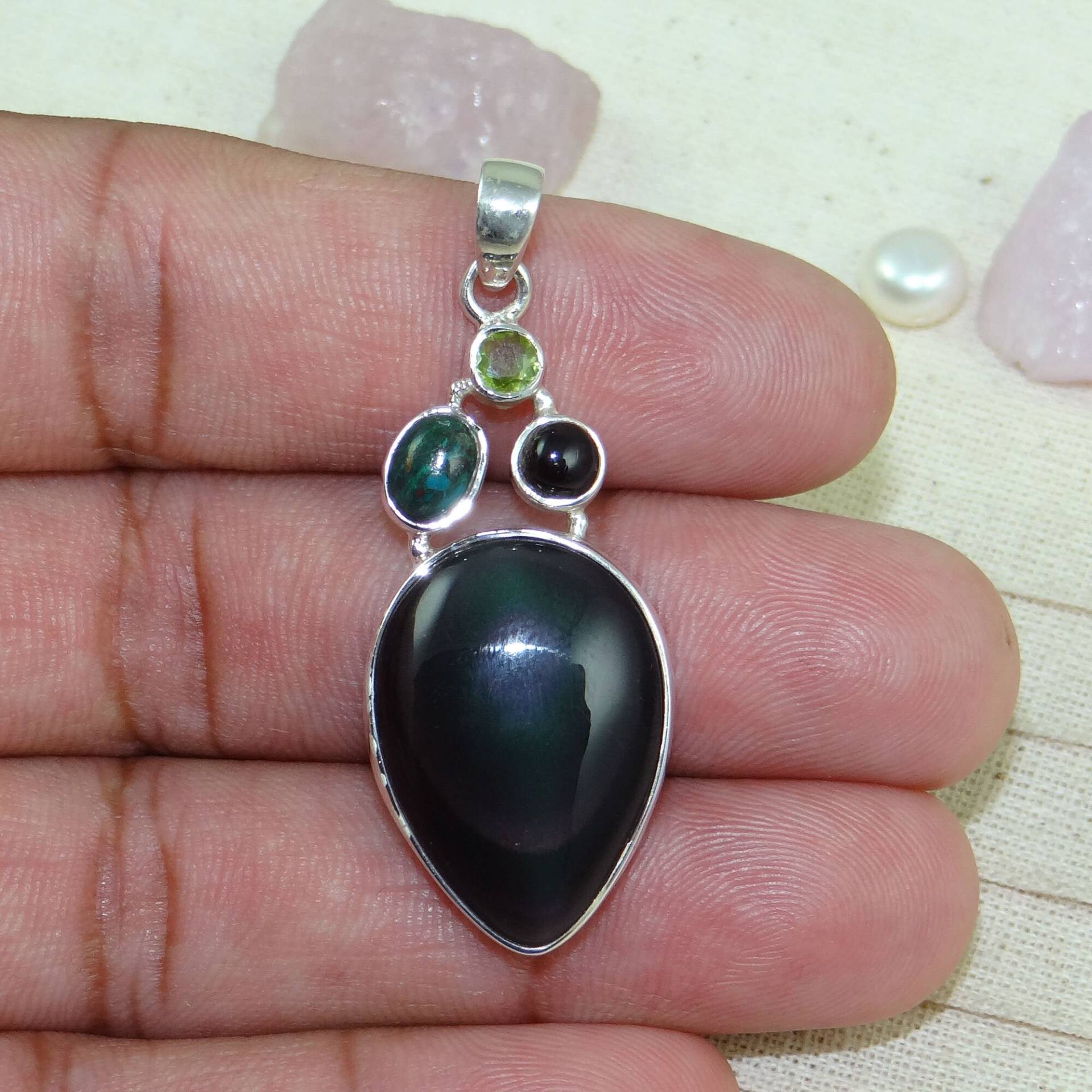 Regenbogen Obsidian Anhänger, Peridot Rauchquarz 925 Silber Sterling Geschenk Für Sie, L061603 von Jewellery4All