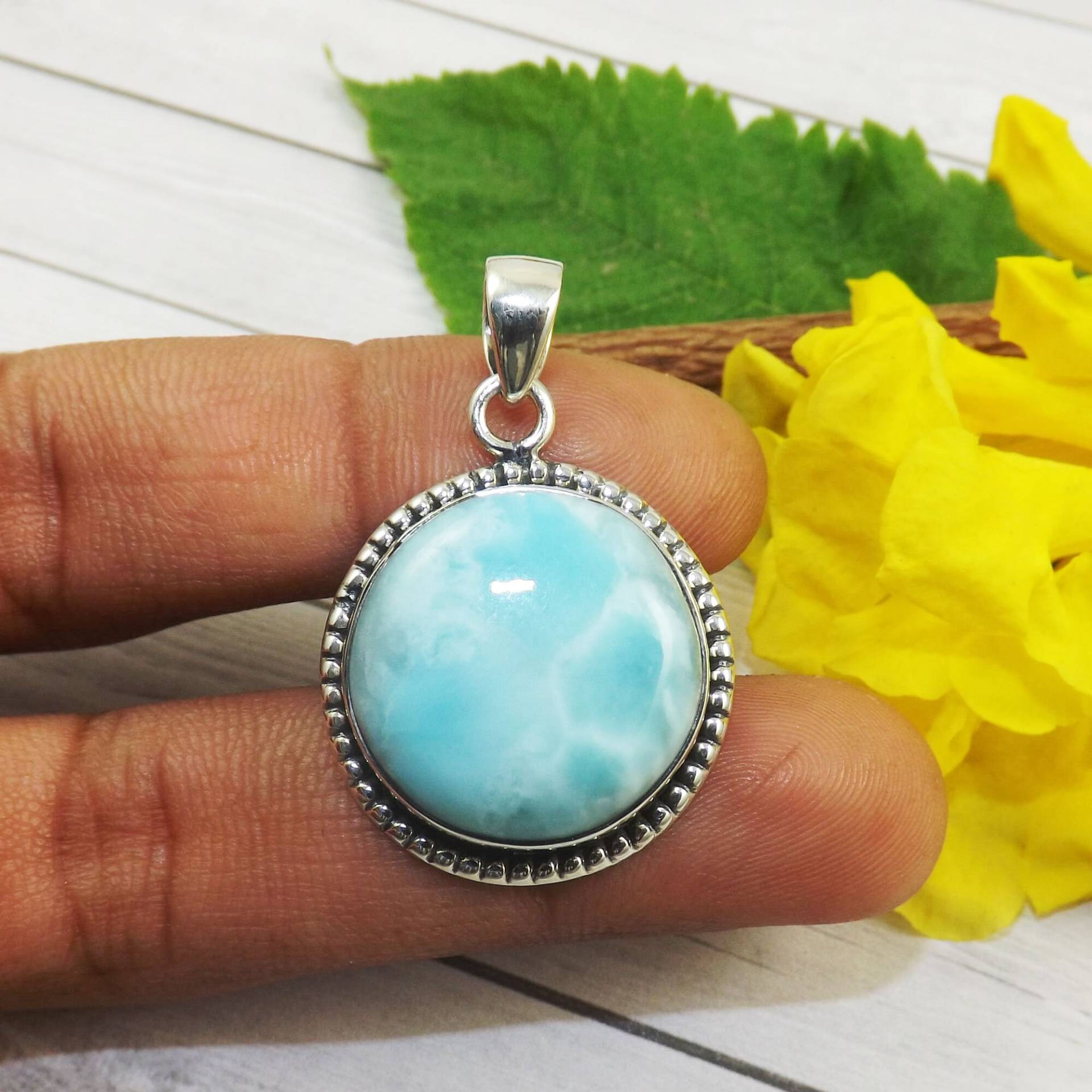 Runder Larimar Anhänger, Massiver 925 Sterling Silber Halskette, Schmuck, Larimer M40418 von Jewellery4All