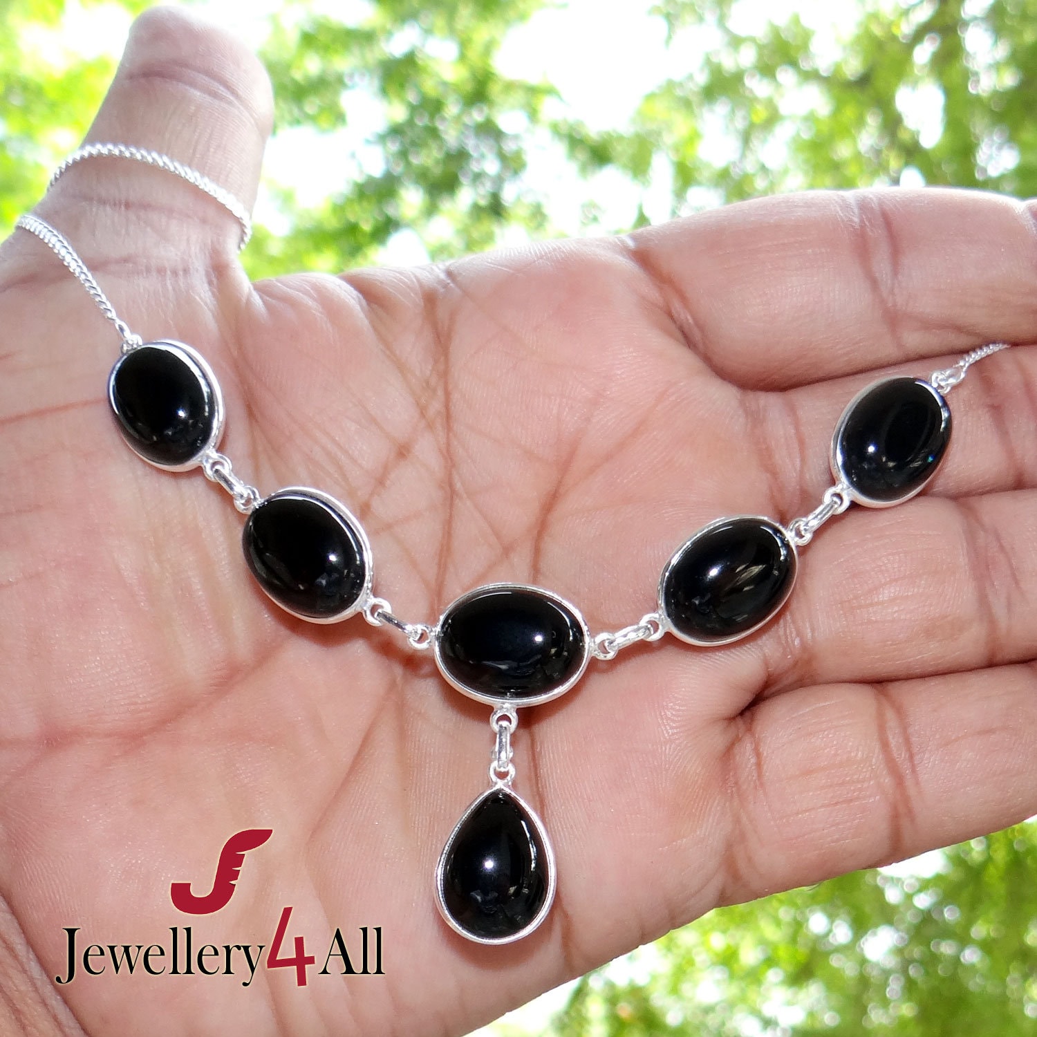 Schwarz Onyx 925 Sterling Silber Halskette, Teardrop Bezel Set von Jewellery4All