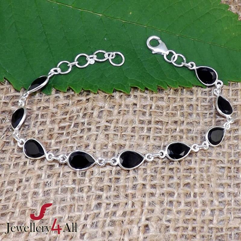 Handgemachte Schwarze Onyx Birne Sterling Silber Armband Verstellbarer Zierlicher Schmuck von Jewellery4All