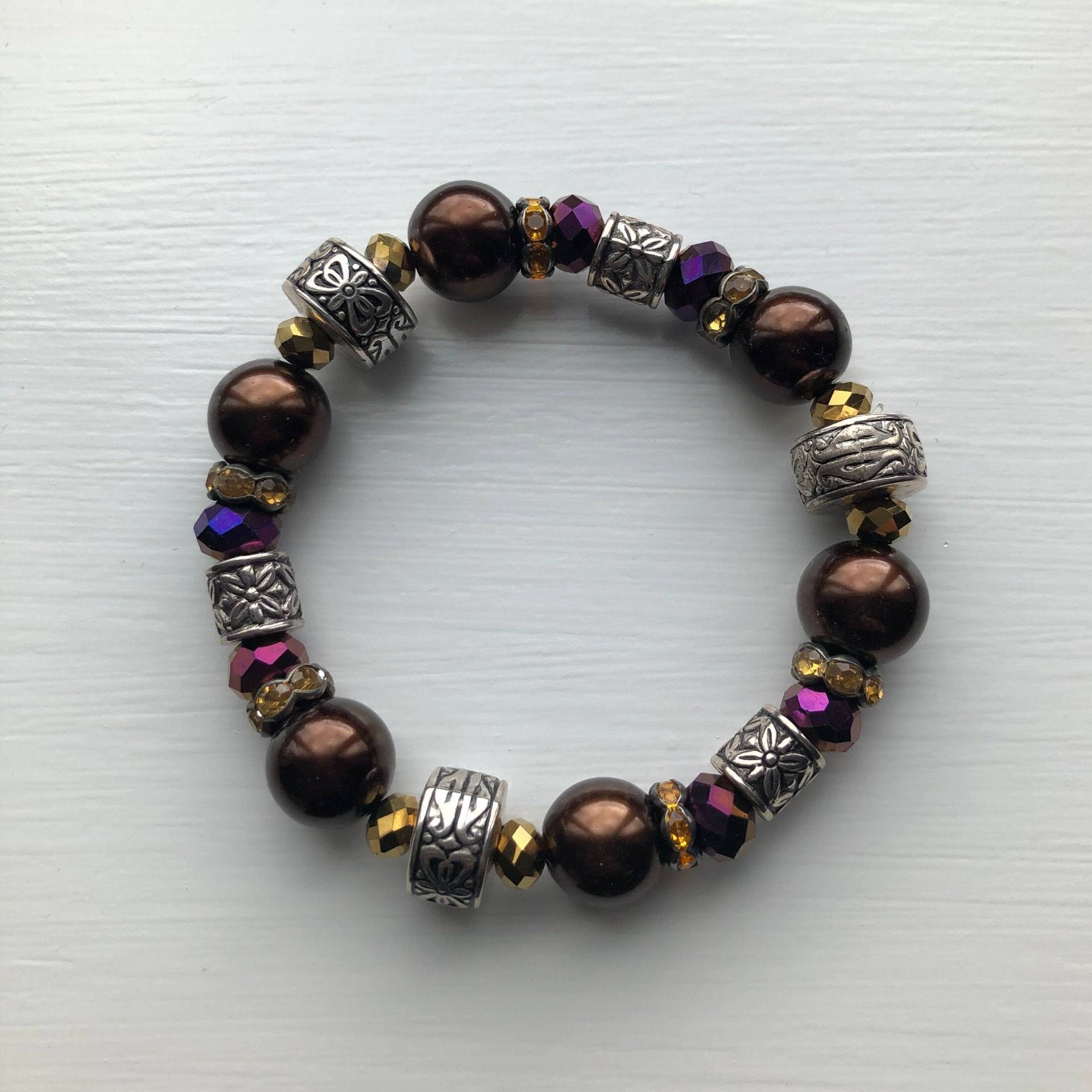 Dunkelbraune Glasperle, Lila Rondelle Und Perlenarmband Im Ethno-stil, Einmaliges Design, Uk-Shop von JewelleryByJas