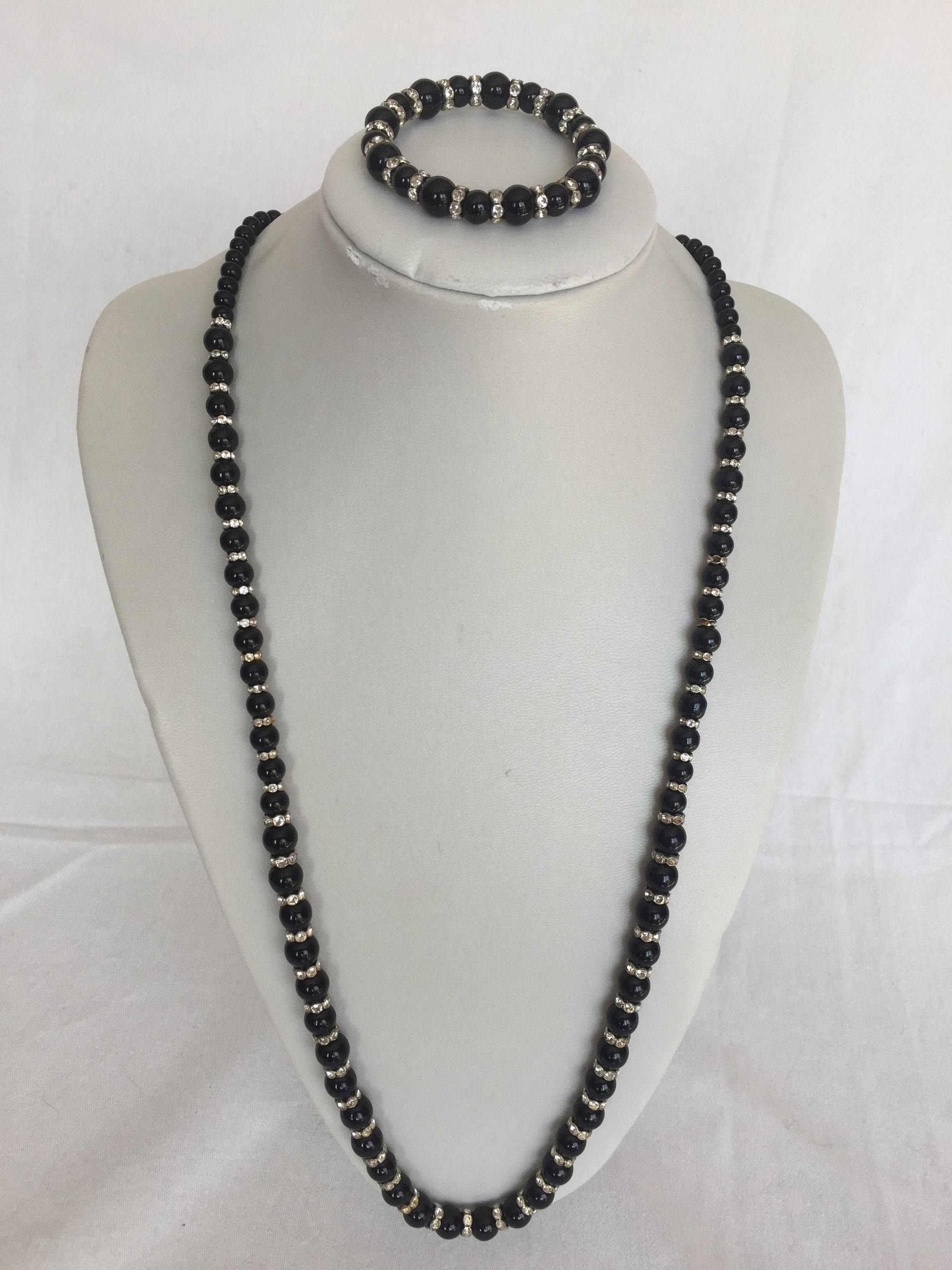 Schwarze Glas Perle Lange Halskette Mit Diamante Spacers, Optional Armband Schwarze Glas Perle Lange Halskette Mit Diamante Spacers, Optional Armband von JewelleryByJas