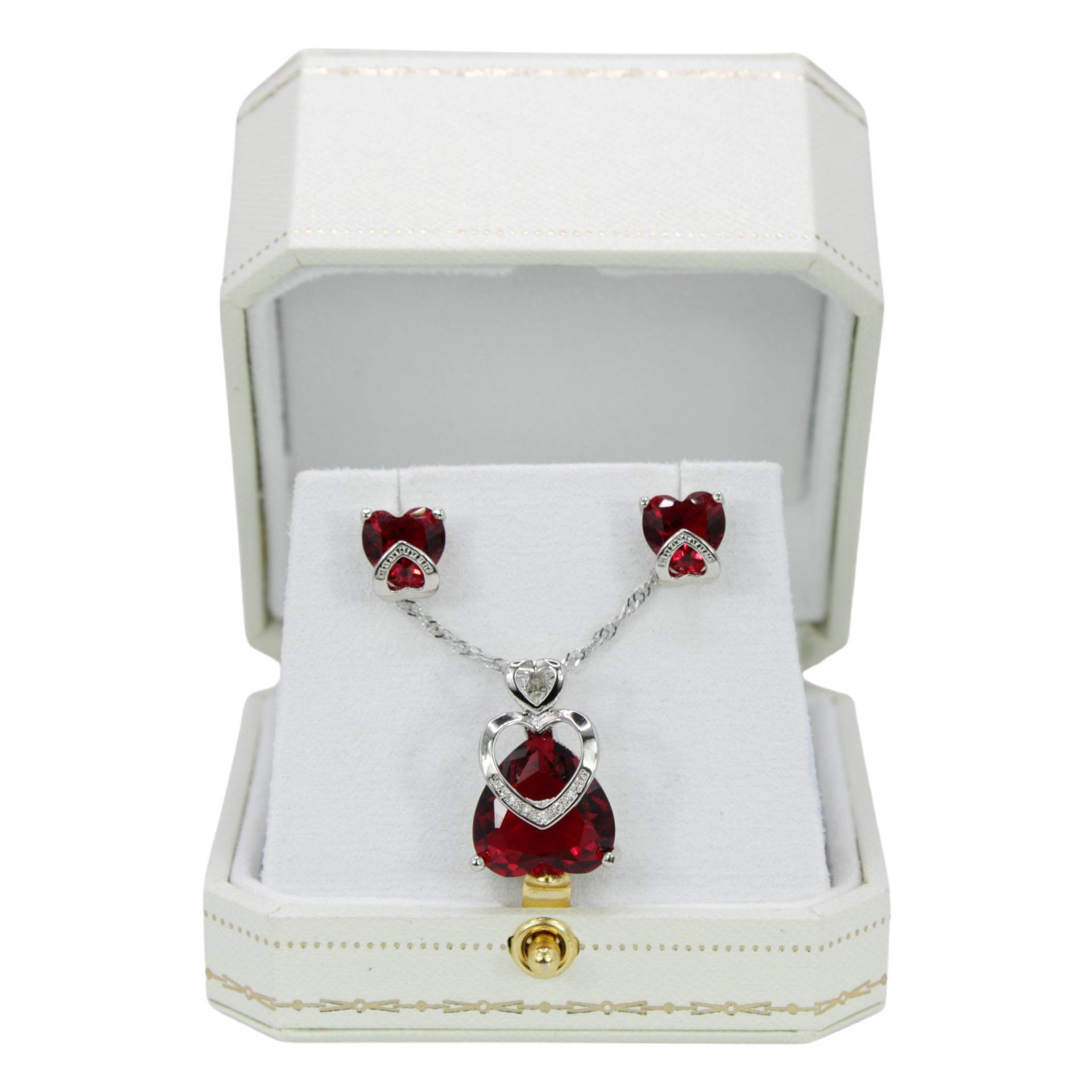 White Gold Finish Diamant Rot Rubin Herz Cut Bulky Anhänger Halskette & Ohrstecker Schmuck Set Inklusive Geschenkbox | Damen Geschenke von JewelleryEssence