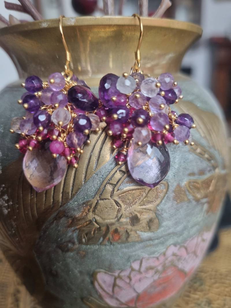 925 Silber 24 K Vergoldet Cluster Ohrringe, Kaskadenohrringe, Edelstein Gold Ohrringe von JewelleryJ26